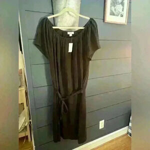 Loft gray wool blend tie waist dress short sleeve midi dress xl